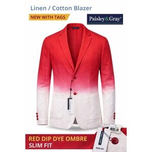NEW Paisley Gray Blazer Mens M Red Dip Dye Ombre Linen Blend Slim Fit Sport Coat